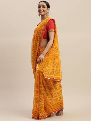 Yellow printed chiffon saree with blouse 1