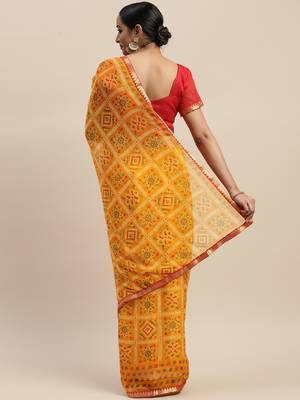 Yellow printed chiffon saree with blouse 2