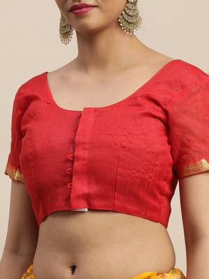 Yellow printed chiffon saree with blouse 4