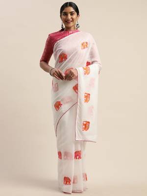 White embroidered chanderi saree with blouse 1