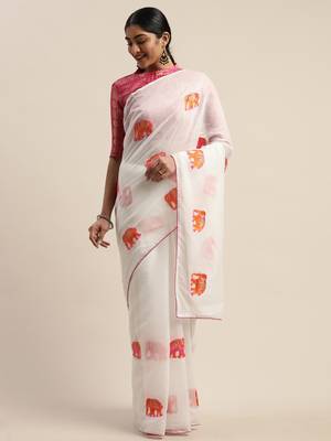 White embroidered chanderi saree with blouse 3