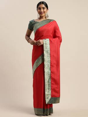 Red plain silk blend saree with blouse 1