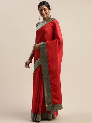 Red plain silk blend saree with blouse 2