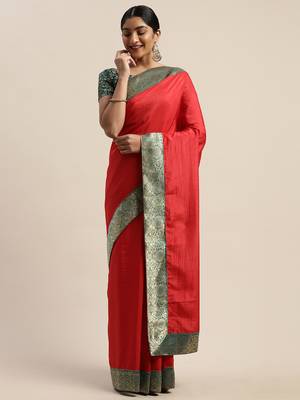 Red plain silk blend saree with blouse 3