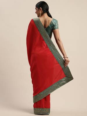 Red plain silk blend saree with blouse 4