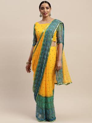 Mustard printed chiffon saree with blouse 1