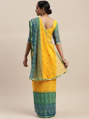 Mustard printed chiffon saree with blouse 2