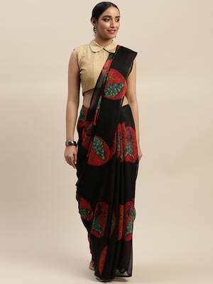 Black printed chiffon saree with blouse 1