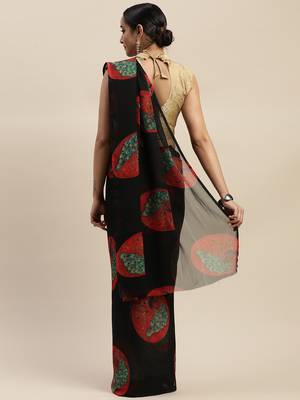 Black printed chiffon saree with blouse 2