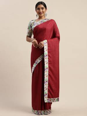 Maroon plain silk blend saree with blouse 1