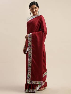 Maroon plain silk blend saree with blouse 2