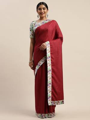 Maroon plain silk blend saree with blouse 3