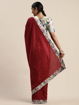 Maroon plain silk blend saree with blouse 4