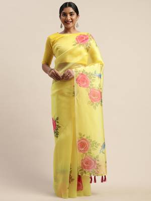 Yellow printed organza saree with blouse 1