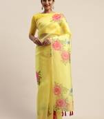 Yellow printed organza saree with blouse