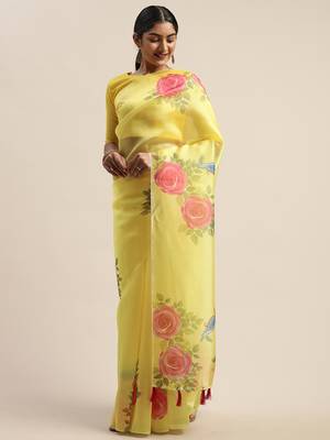 Yellow printed organza saree with blouse 2
