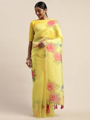 Yellow printed organza saree with blouse 3