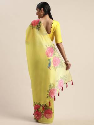Yellow printed organza saree with blouse 4