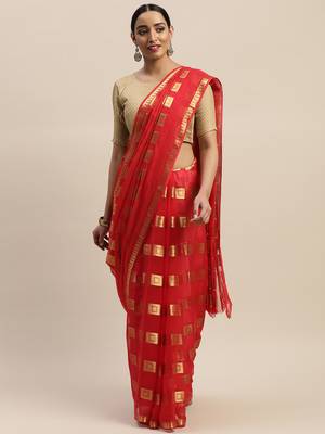 Red woven chiffon saree with blouse 1