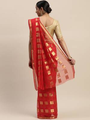 Red woven chiffon saree with blouse 2