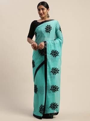 Sea green embroidered silk blend saree with blouse 1