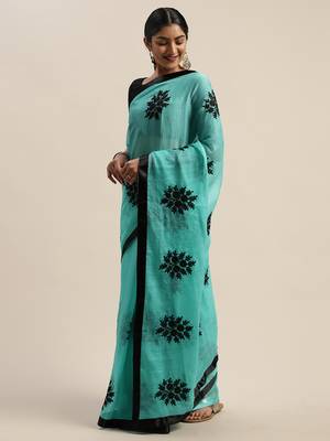 Sea green embroidered silk blend saree with blouse 2