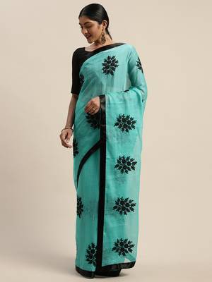 Sea green embroidered silk blend saree with blouse 3