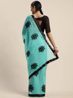 Sea green embroidered silk blend saree with blouse 4