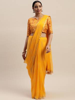 Mustard printed chiffon saree with blouse 1
