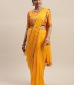 Mustard printed chiffon saree with blouse