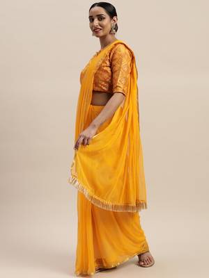 Mustard printed chiffon saree with blouse 2