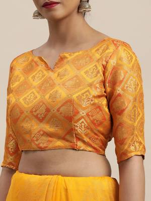 Mustard printed chiffon saree with blouse 5