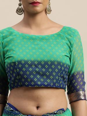 Green printed georgette saree with blouse 3