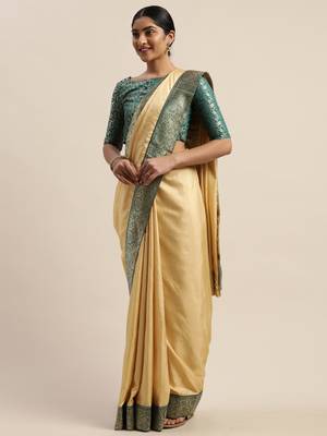 Beige plain silk blend saree with blouse 1