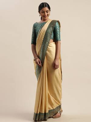 Beige plain silk blend saree with blouse 2