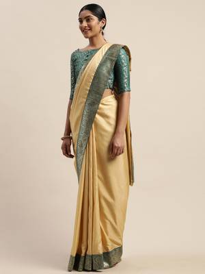 Beige plain silk blend saree with blouse 3