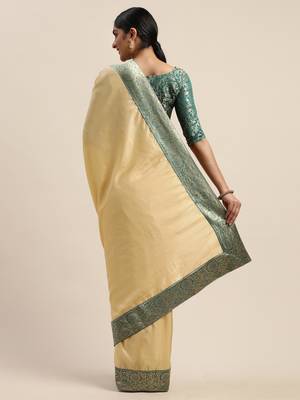 Beige plain silk blend saree with blouse 4