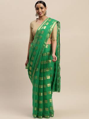 Green printed chiffon saree with blouse 1