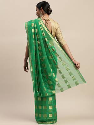 Green printed chiffon saree with blouse 2