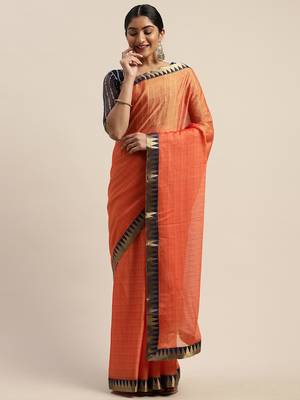 Orange plain net saree with blouse 1