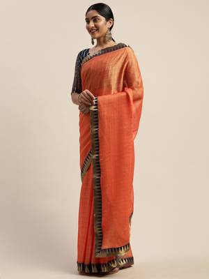Orange plain net saree with blouse 2