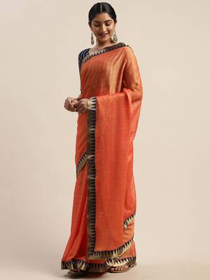 Orange plain net saree with blouse 3