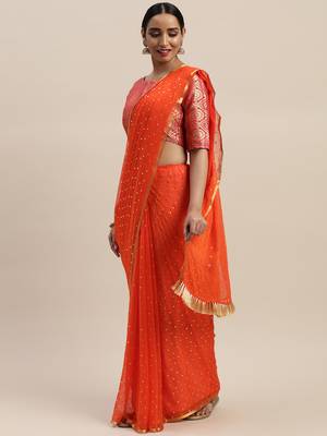 Orange printed chiffon saree with blouse 1