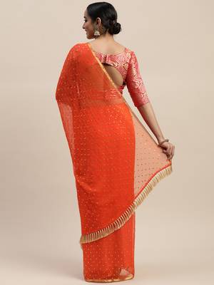 Orange printed chiffon saree with blouse 2