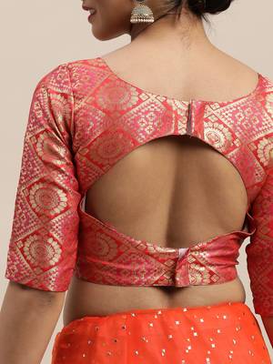 Orange printed chiffon saree with blouse 5
