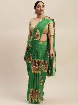 Green printed chiffon saree with blouse 1
