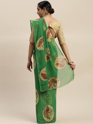 Green printed chiffon saree with blouse 2