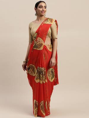 Maroon printed chiffon saree with blouse 1
