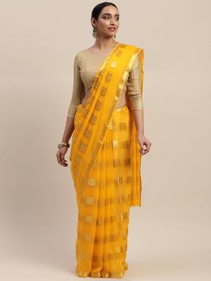 Yellow printed chiffon saree with blouse 1