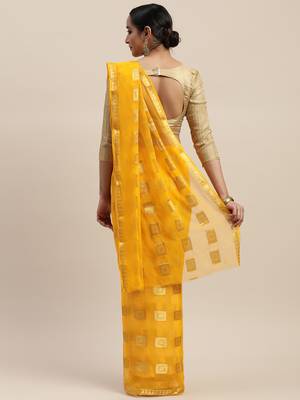 Yellow printed chiffon saree with blouse 2